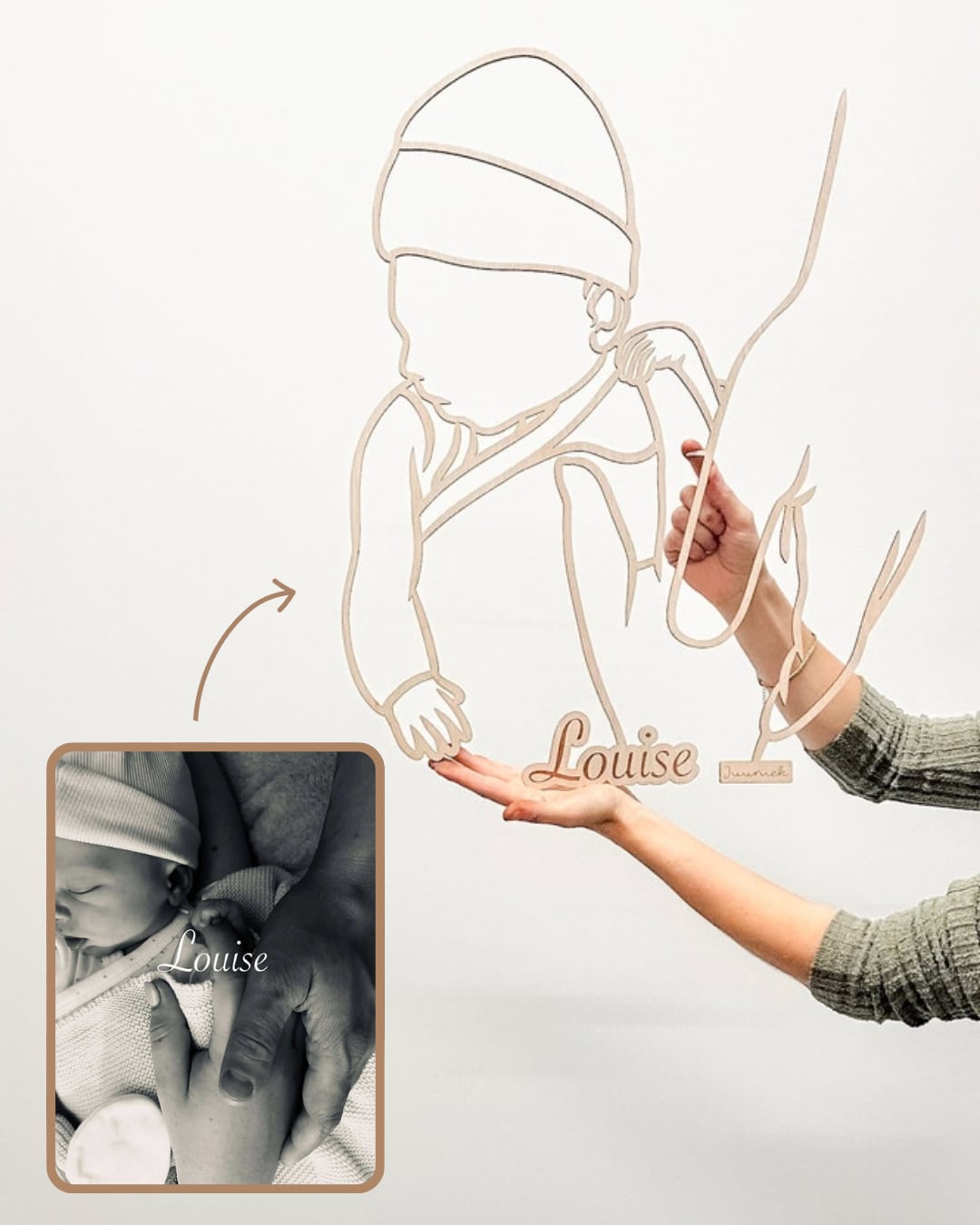 Linienporträt aus Holz der neugeborenen Louise mit ihrem Namen, neben dem Originalfoto