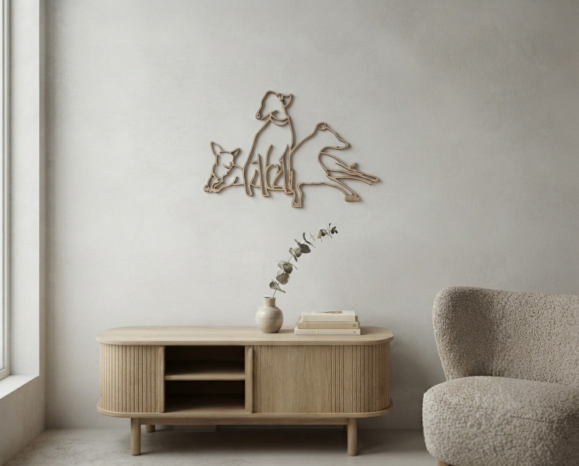 Du bringst es zum Strahlen: Linienporträt aus Holz der drei Hunde über einem Sideboard aus Holz