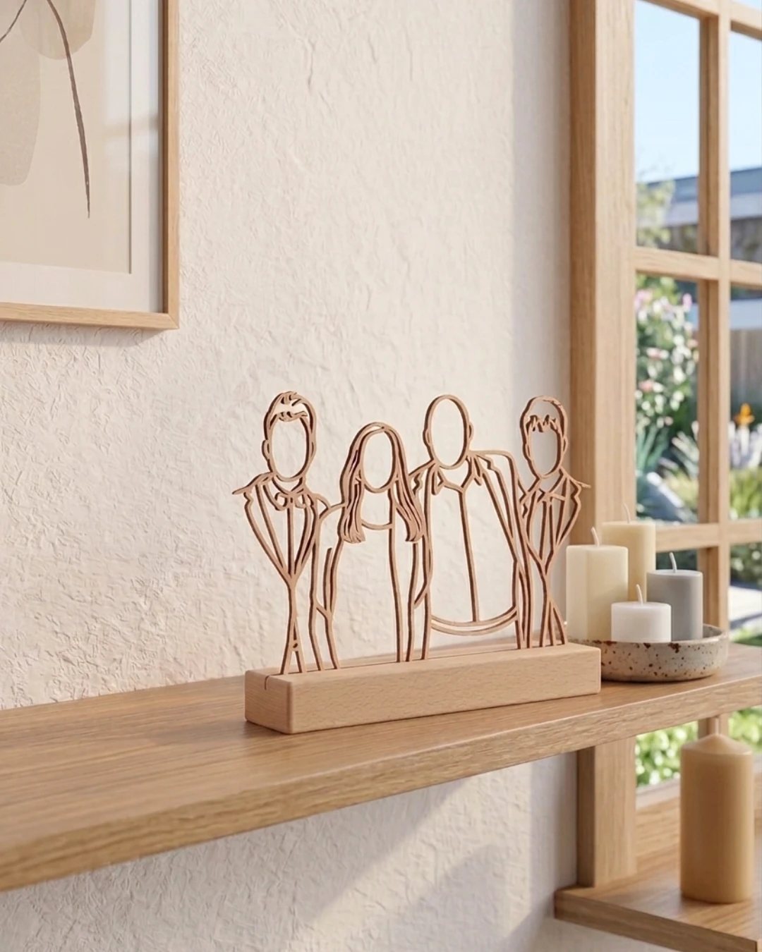 Linienporträt aus Holz auf Holzständer auf einer hölzernen Fensterbank, neben Kerzen