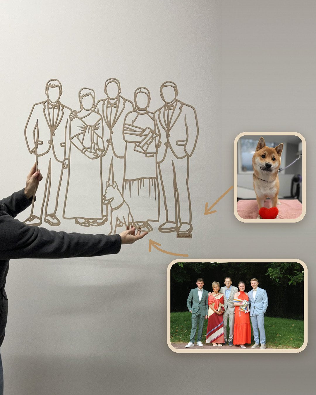 Linienporträt aus Holz einer Familie mit ihrem Hund, zusammengefügt aus einem Familienfoto und einem Foto des Hundes