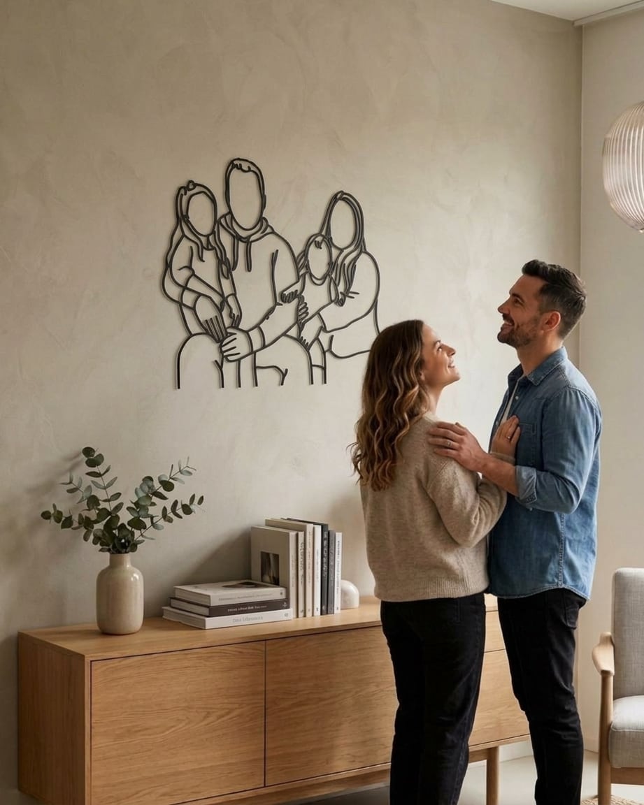 Paar neben dem Linienporträt aus Holz ihrer Familie an der Wand