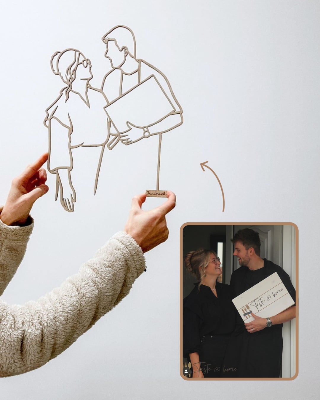 Linienporträt aus Holz eines Paares neben dem Originalfoto