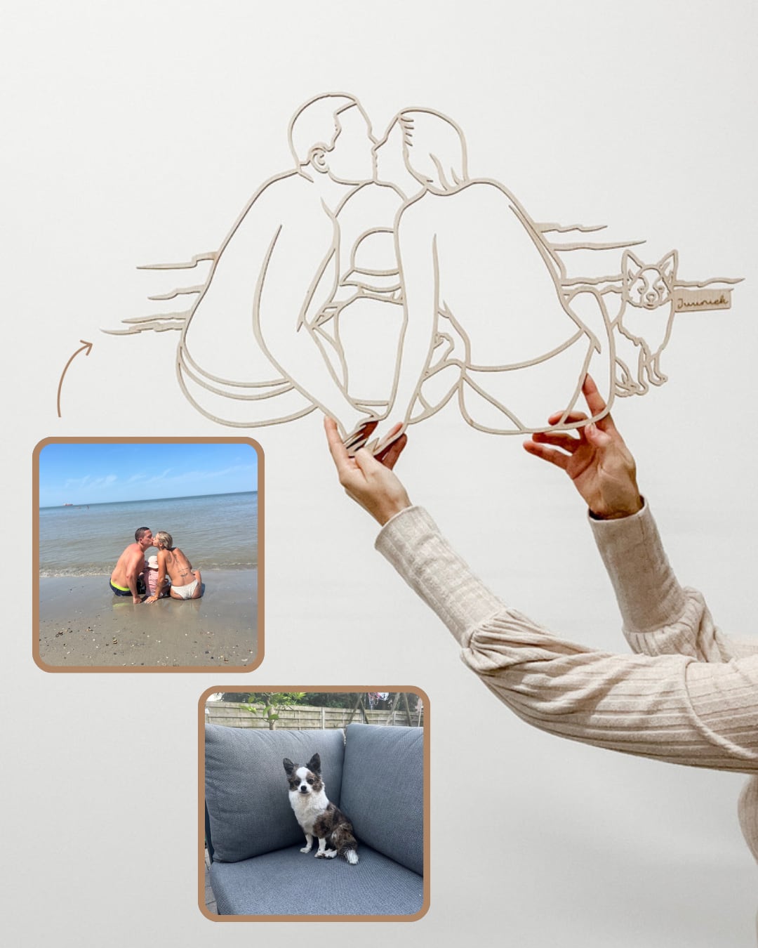 Linienporträt aus Holz eines Paares mit seinem Hund, aus zwei Fotos zusammengefügt